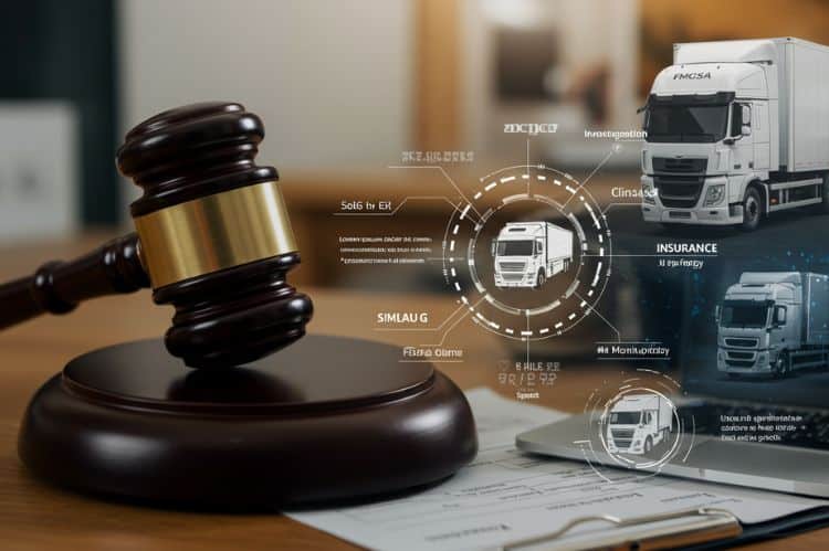 A legal-themed collage showing a gavel, insurance documents, a commercial truck